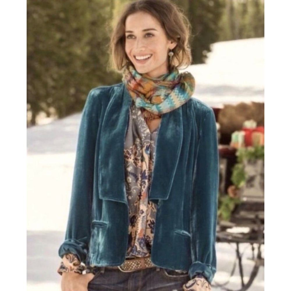 Sundance Teal Blue Silk Blend Velvet Blazer Floral Lined Size Petite 12‎